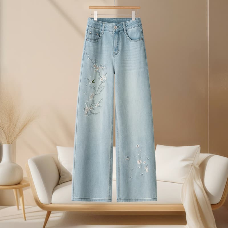 Blue Embroidered Denim Straight Pants Women's Summer 2026 New Versatile Fashion High Waist Narrow Wide Leg Pants Jeans