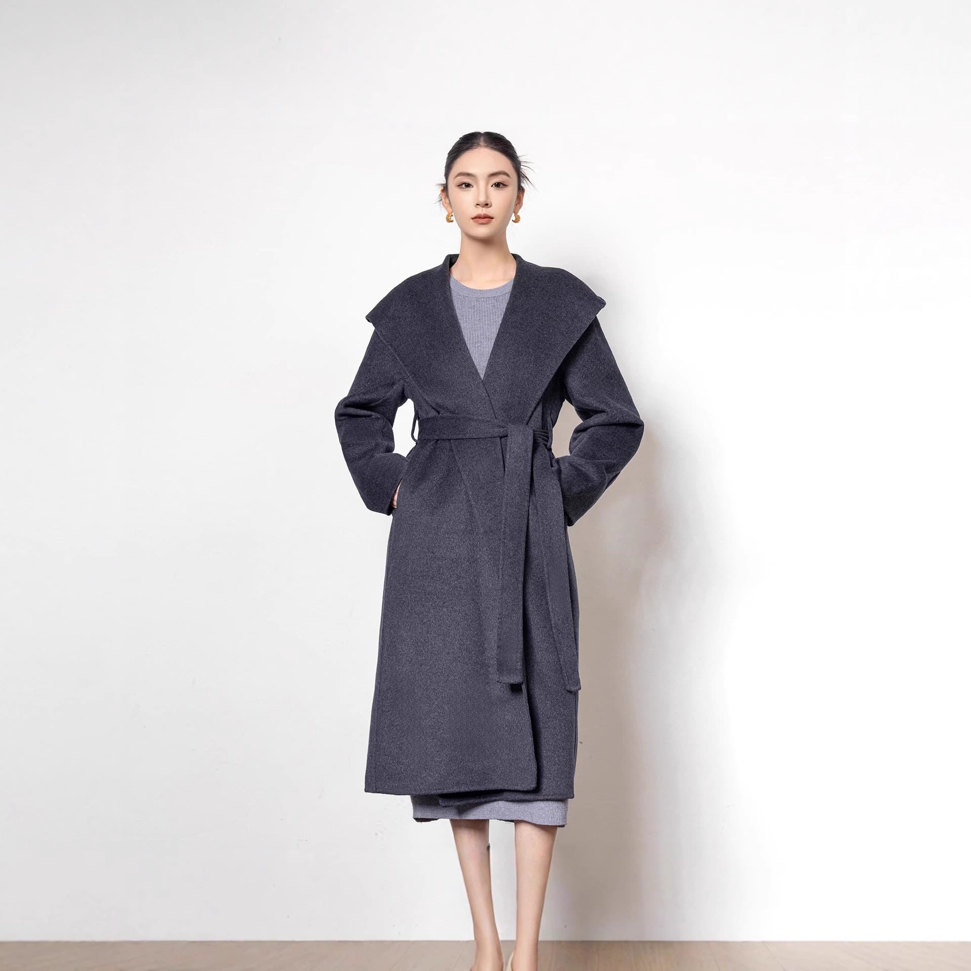 Cloud Cashmere Quiet Hooded Cashmere Coat Women's Autumn/Winter New Tie-Waist Mid-Length Premium Woolen Outerwear