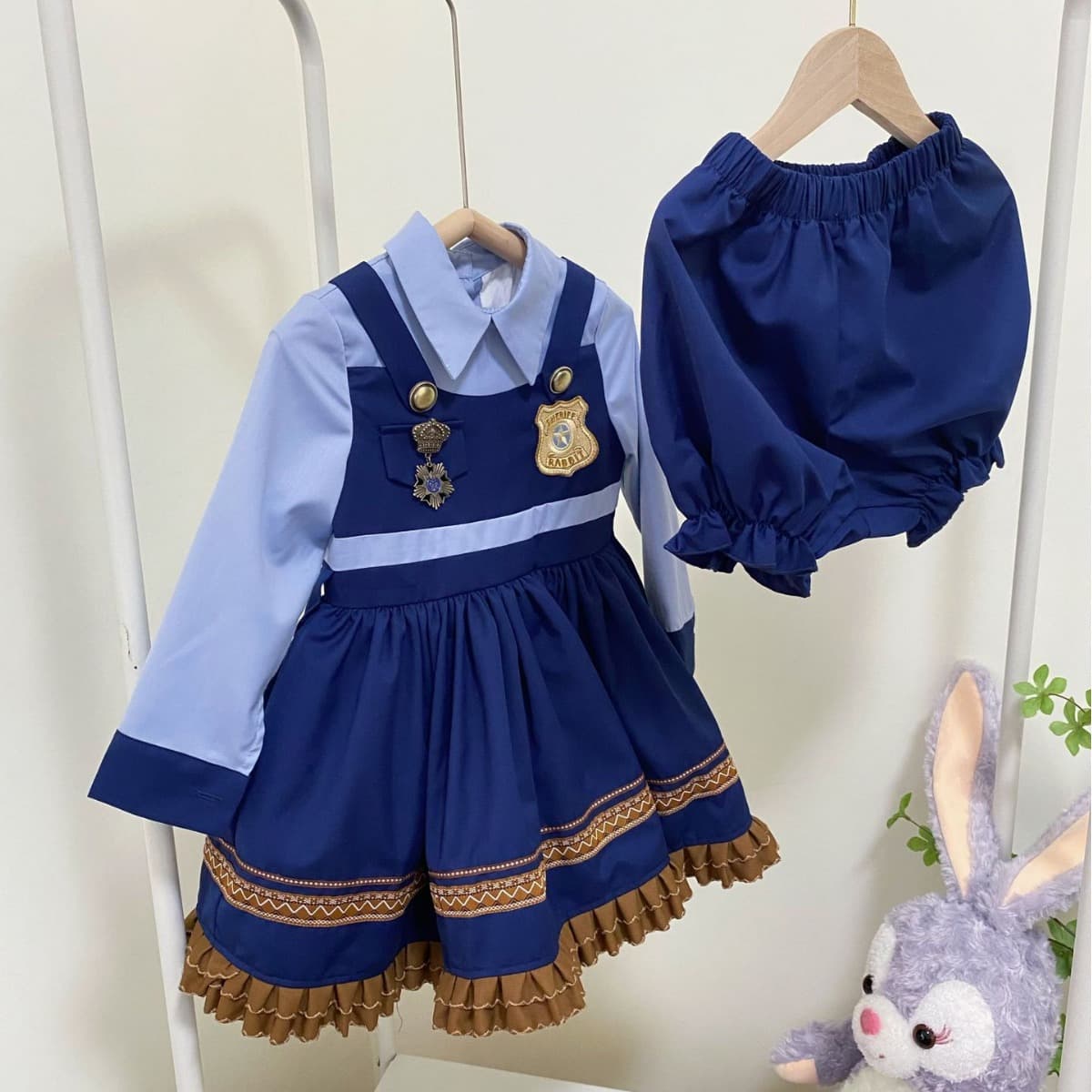 2024 Spring/Summer New Children's Rabbit Policeman COS Set, Cartoon Lolita Faux Two-Piece Girls' Dress