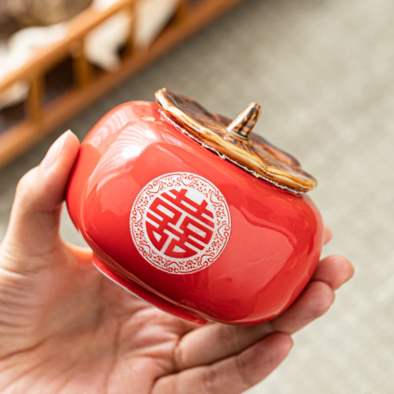 Ceramic "Everything Goes Well" Sealed Tea Canister Wedding Candy Box, Auspicious Gift Set for Marriage Celebration Persimmon Present