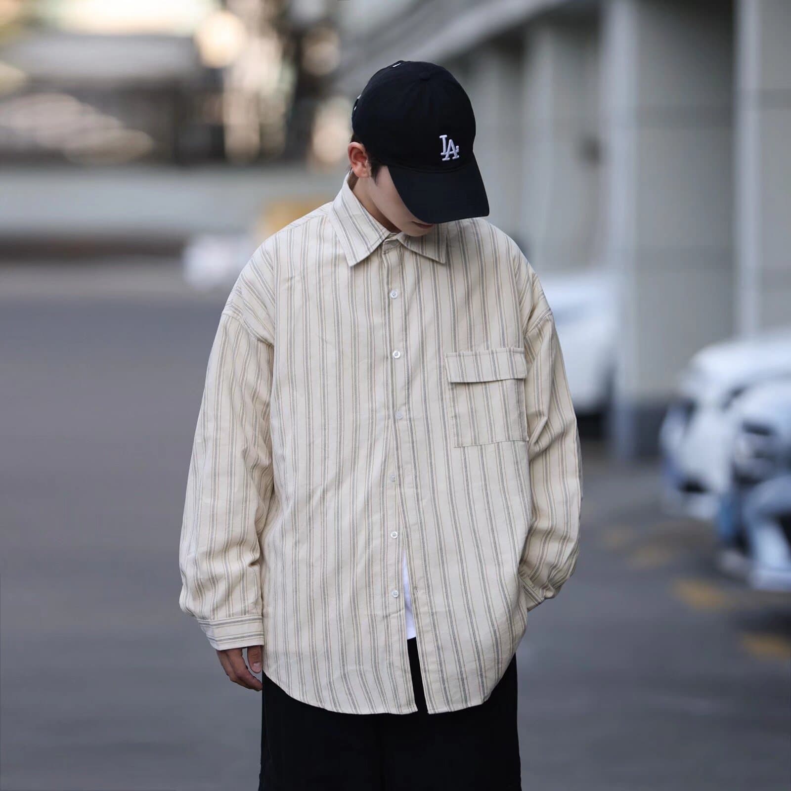 Spring/Autumn New Retro Striped Shirt Japanese Vintage Style Casual Corduroy Work Shirt for Men and Women Long Sleeve