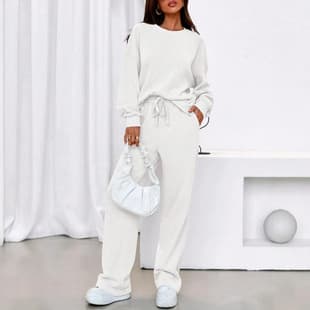 2026 Cross-Border European and American Loose Round Neck Long Sleeve Top with Drawstring Design Elastic Waist Flared Long Pants Two-Piece Set