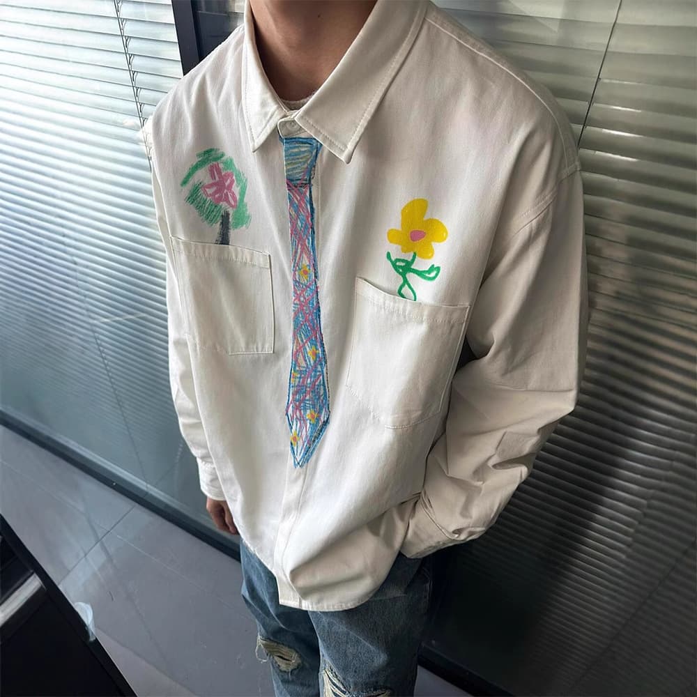 Neutral Style Hand-Painted Tie White Shirt Men's Spring College Style Shirt Casual Loose Fit Long Sleeve Printed Polyester