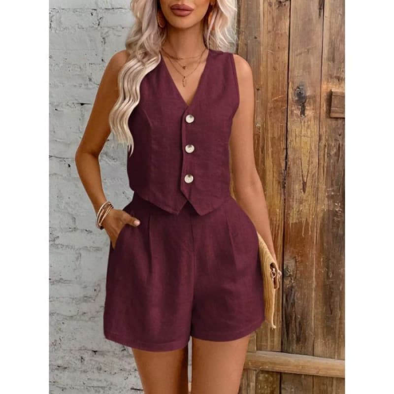 Shipped 2026 Cross-border Europe and USA Two-Piece Set Women's Plus Size Solid Color Button Vest Set