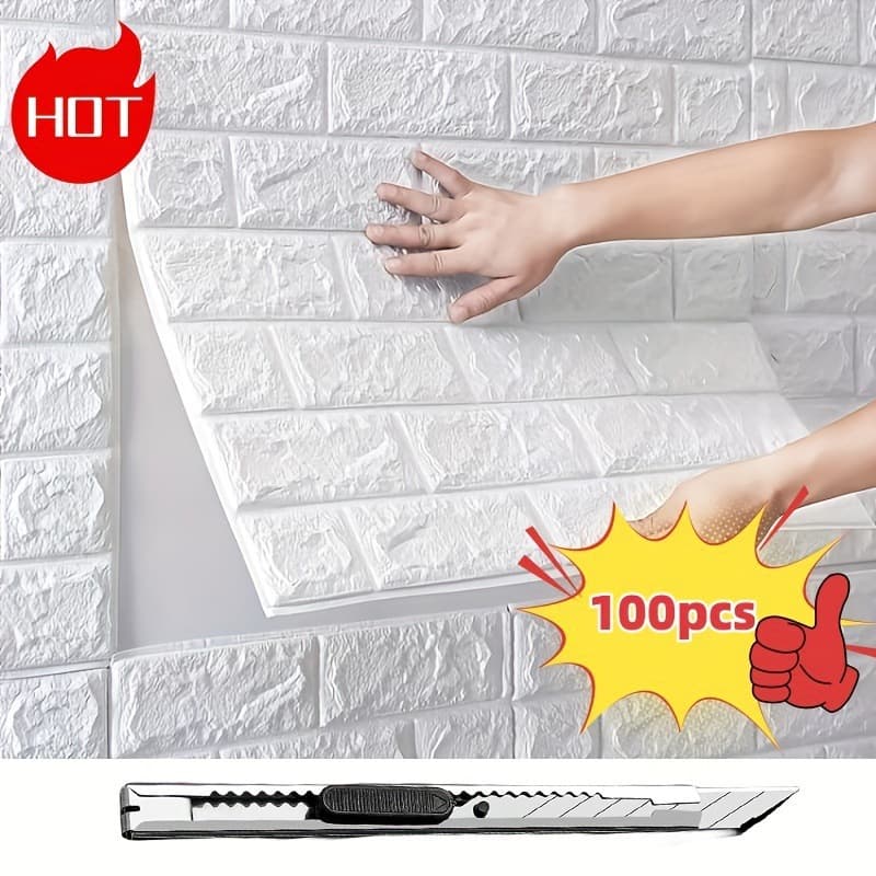 2026 New Cross-Border Dropshipping 3D White Foam Brick Wall Sticker, Self-Adhesive, Cross-Border Dropshipping