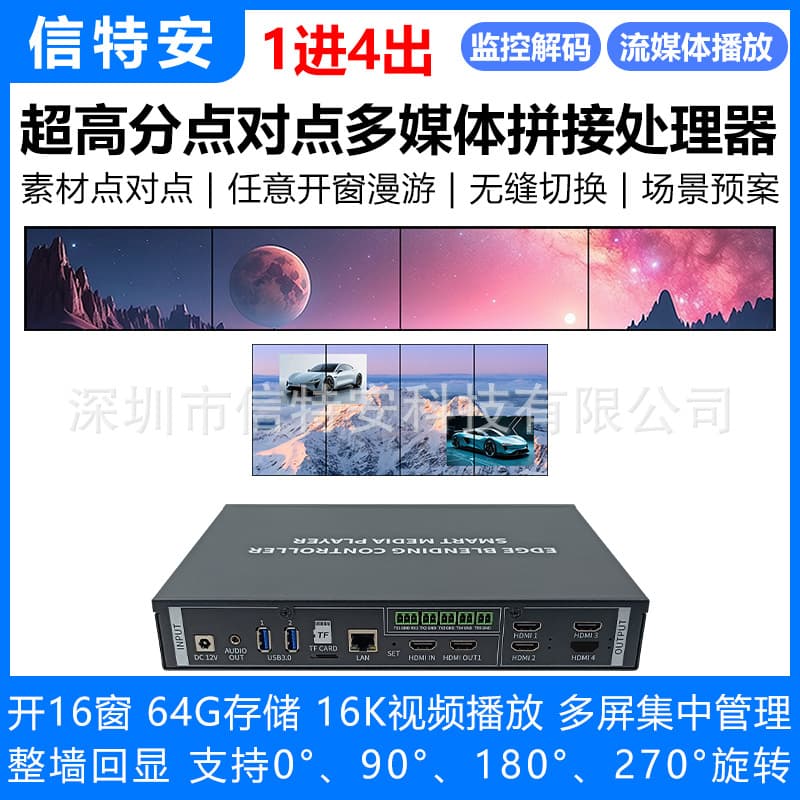 1-in 4-out Multi-Screen Point-to-Point Video Wall Processor for Ultra-High Resolution Media Playback Box