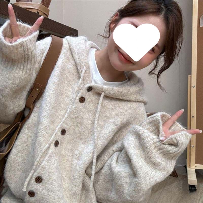 Hooded Knit Cardigan Coat for Women, Autumn/Winter Thickened Korean Style Loose Lazy Fit Soft Knit Top