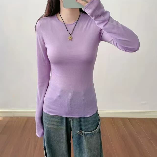 2026 summer new fashion versatile solid color slightly see-through blouse long-sleeved slimming sweater top