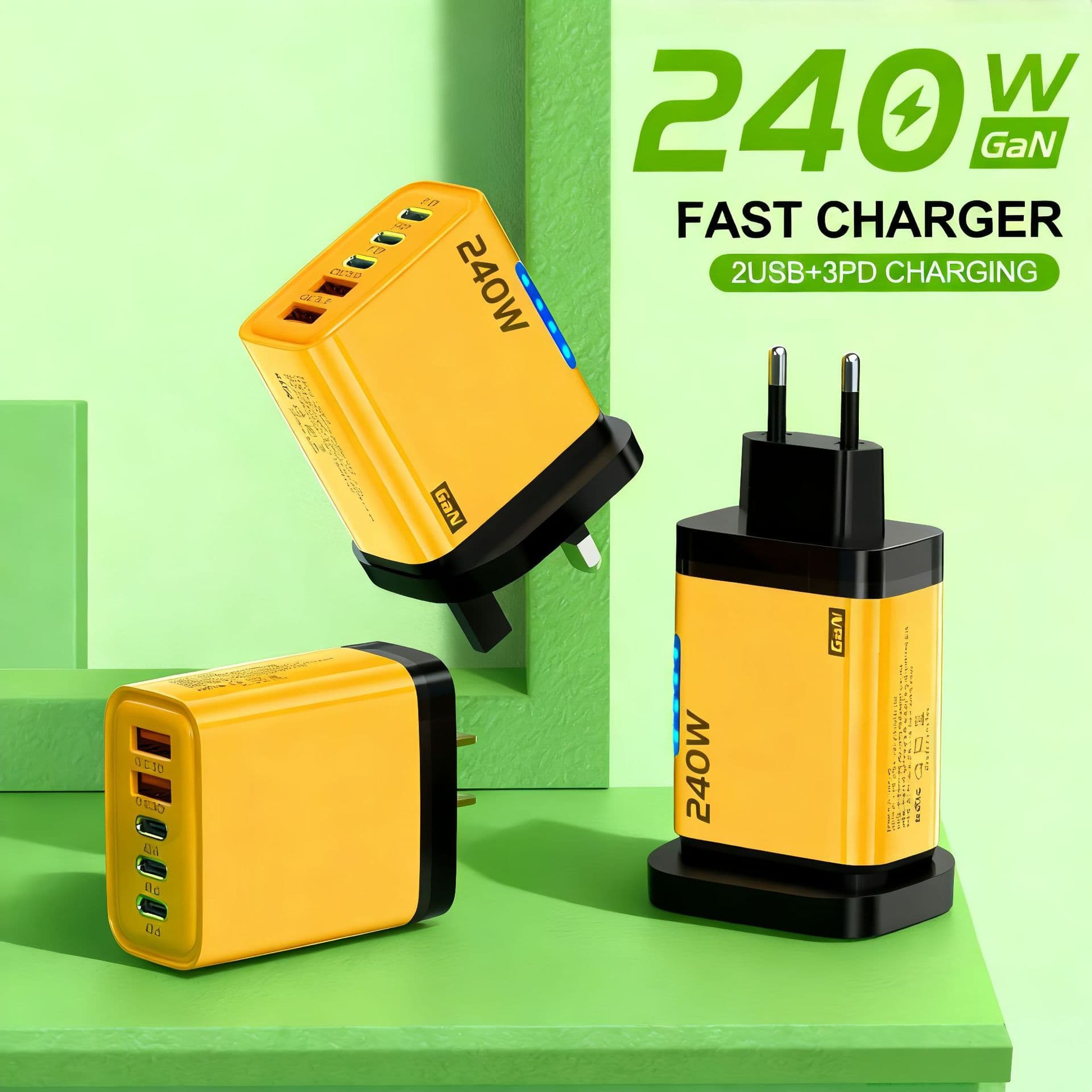 Cross-Border New Product Dual USB+3PD Multi-Port Charger Suitable for 240W Smart Charging Head with Light, Apple Charger