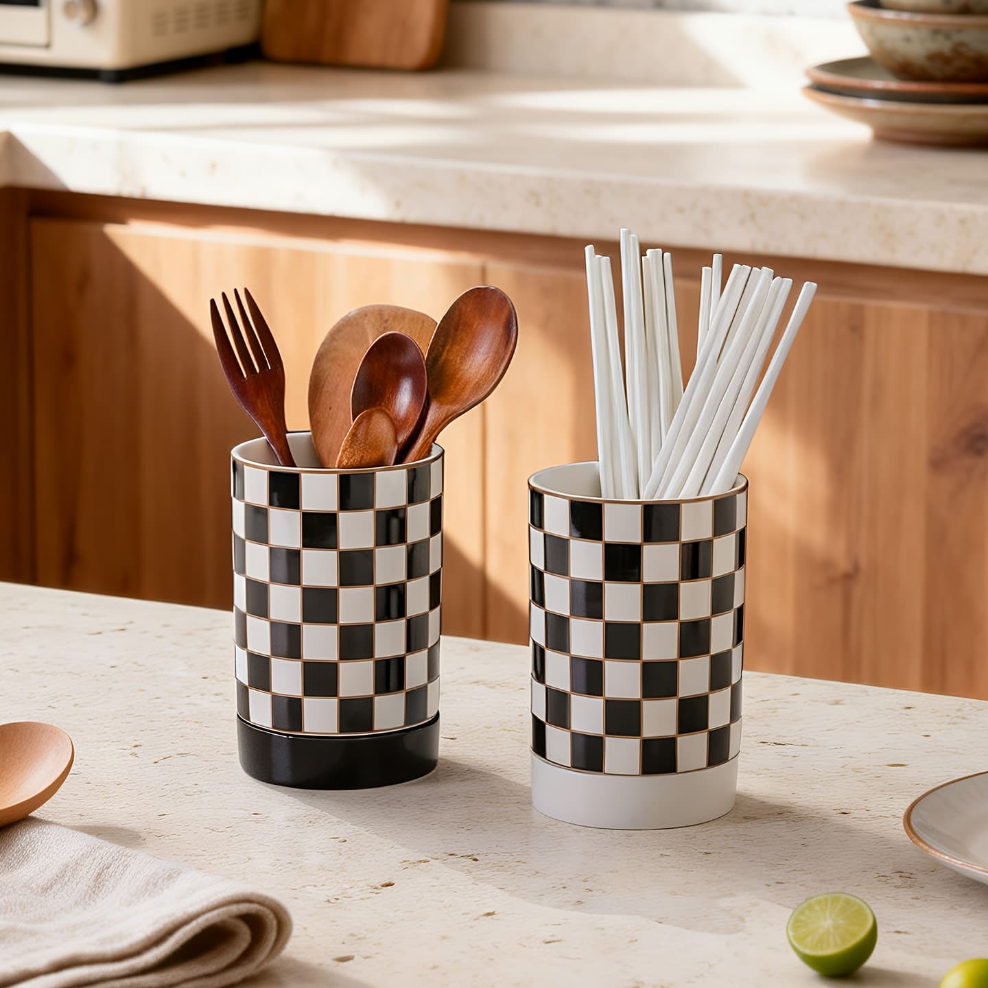 Checkered Ceramic Chopstick Holder Household Kitchen Drainage Chopstick Cage Knife Fork Spoon Storage Tube Tableware Kitchenware Organizer Bucket