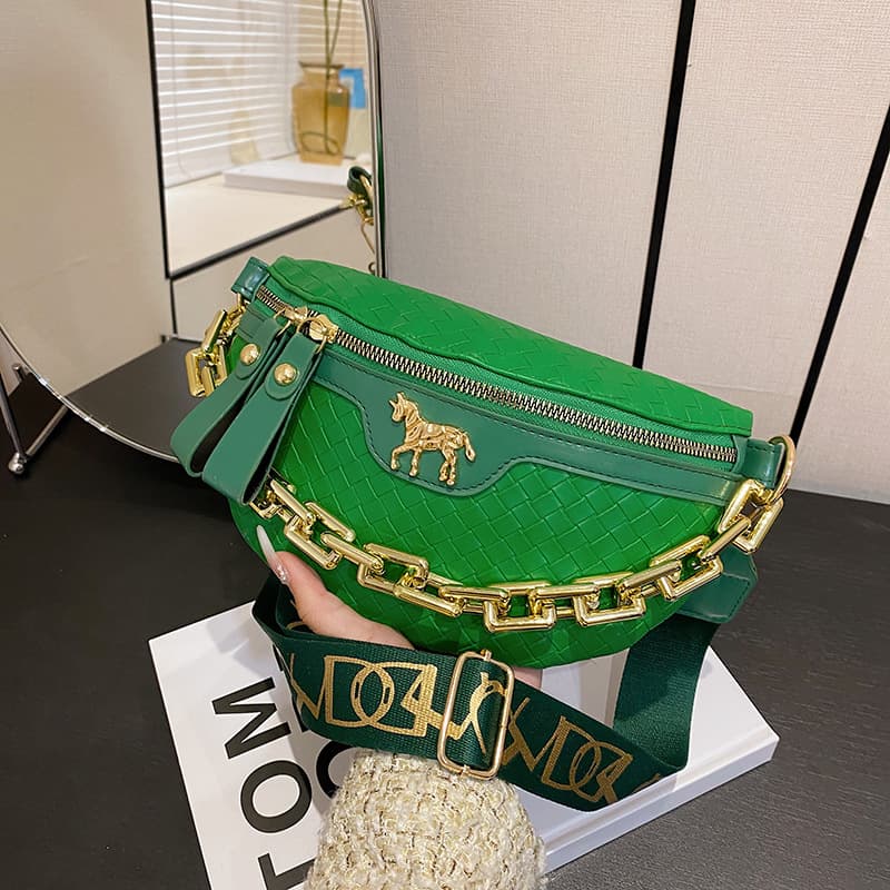 Women's Chest Bag 2023 Cross-Border New Trend Fashion Woven Shoulder Bag Chain Small Waist Bag Wide Strap Crossbody Saddle Bag