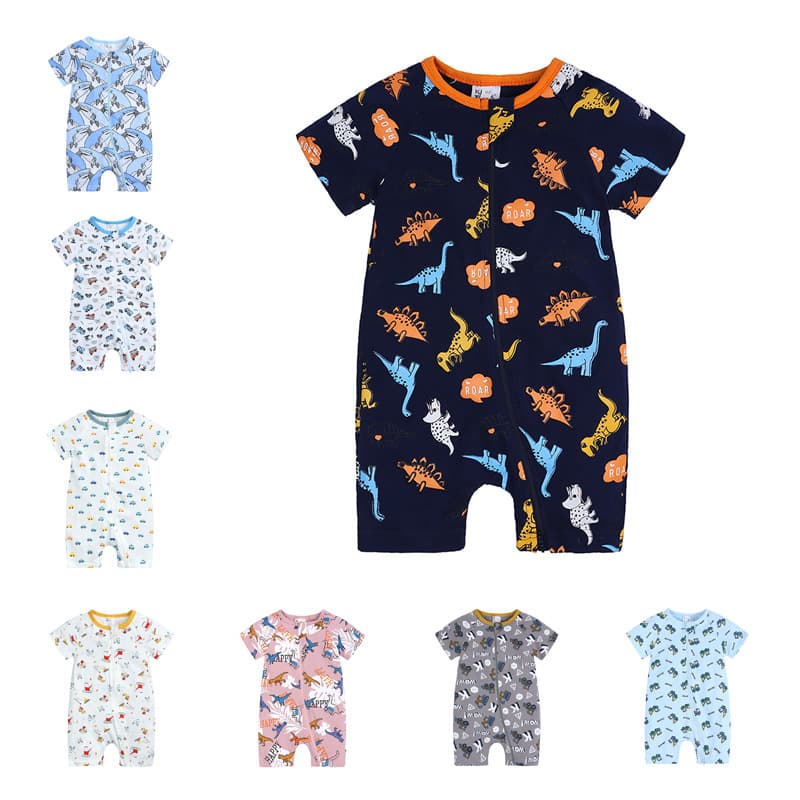 First-hand supply of baby short-sleeved double zipper onesie cotton pajamas for boys and girls, newborn clothing, crawling clothes