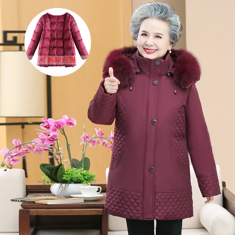 Women's mid-length down jacket with detachable lining, suitable for middle-aged and elderly mothers, featuring a fur collar.