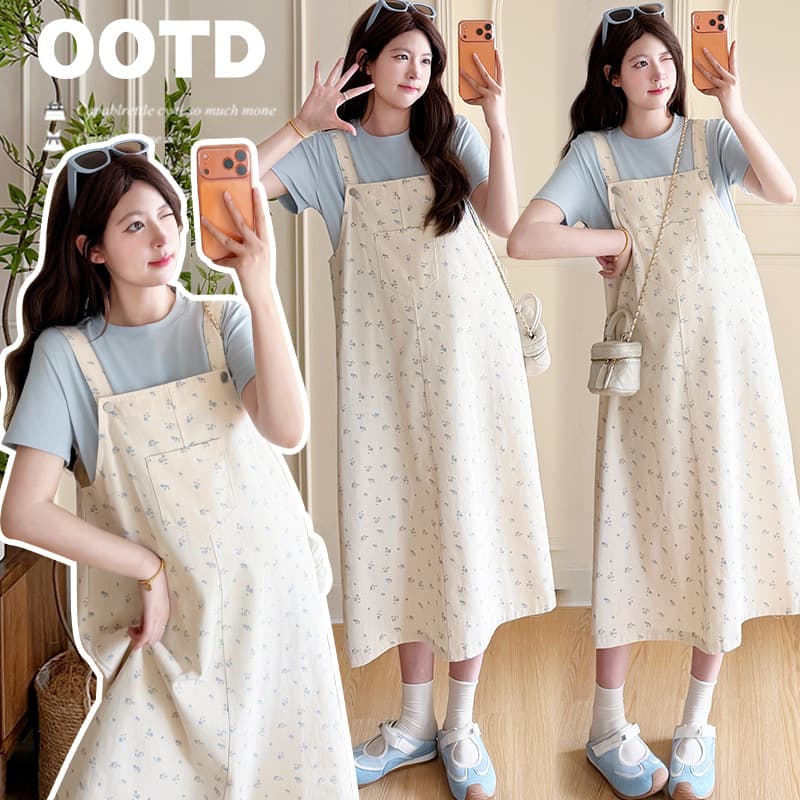 2026 Summer New Maternity Dress Floral Sweet Suspenders Skirt T-Shirt Two-Piece Set