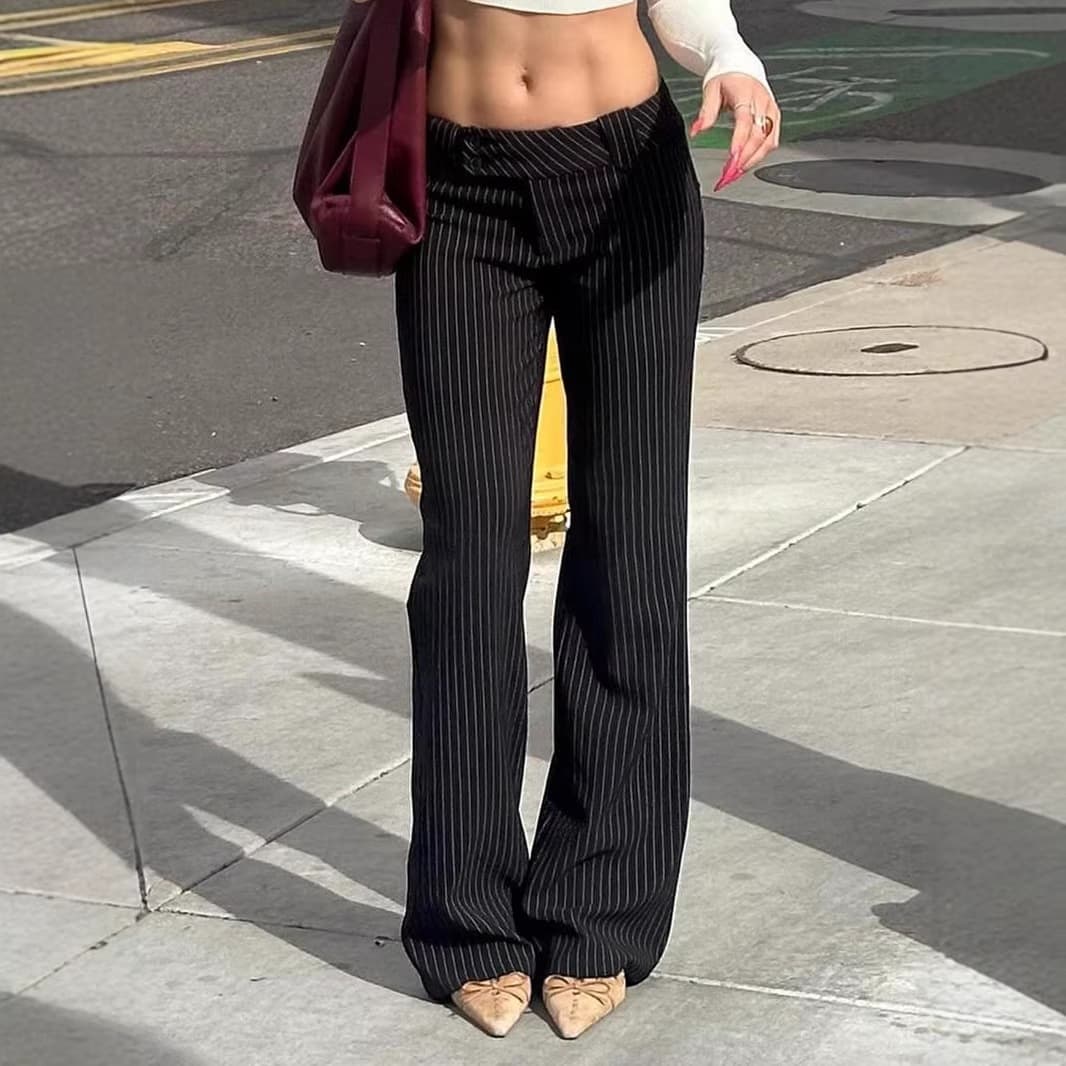 Cross-border European and American street low-waist micro-flare striped color-blocked casual pants for women with hot girl temperament and foreign trade slim suit trousers