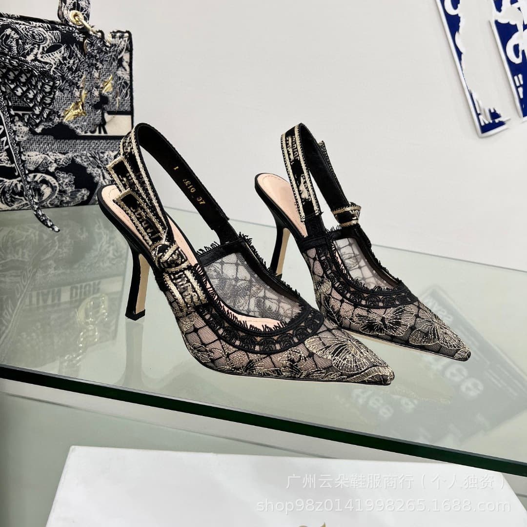 2025 New D Brand Butterfly Embroidery with Lettering Mesh Cat Eye Heel Backless Sandals Fashionable Shallow Mouth Shoes