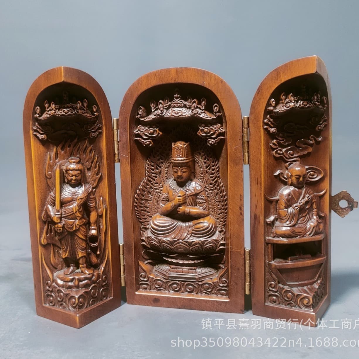 Wholesale crafts boxwood carvings of the Great Sun Tathagata three openings of fortune, longevity and fortune three openings of the Western three saints three opening wooden boxes