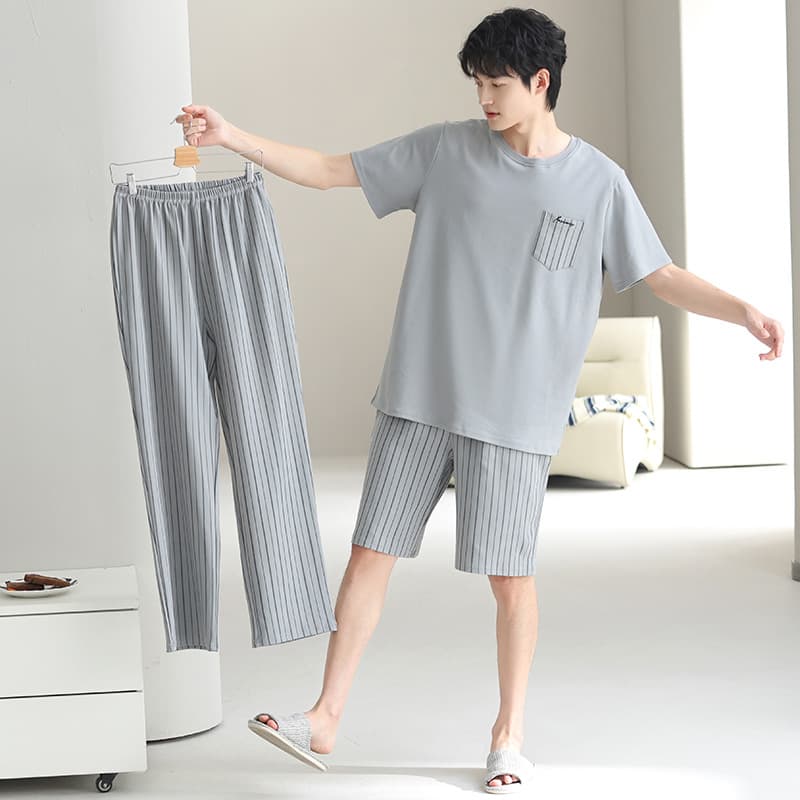 Three piece set of pure cotton pajamas for men summer short sleeves long shorts plus size loose simple sports home wear set
