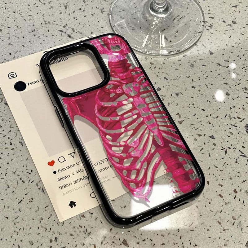 Niche pink skull suitable for Apple iPhone16pro/15promax mobile phone case 13 transparent 17 black frame