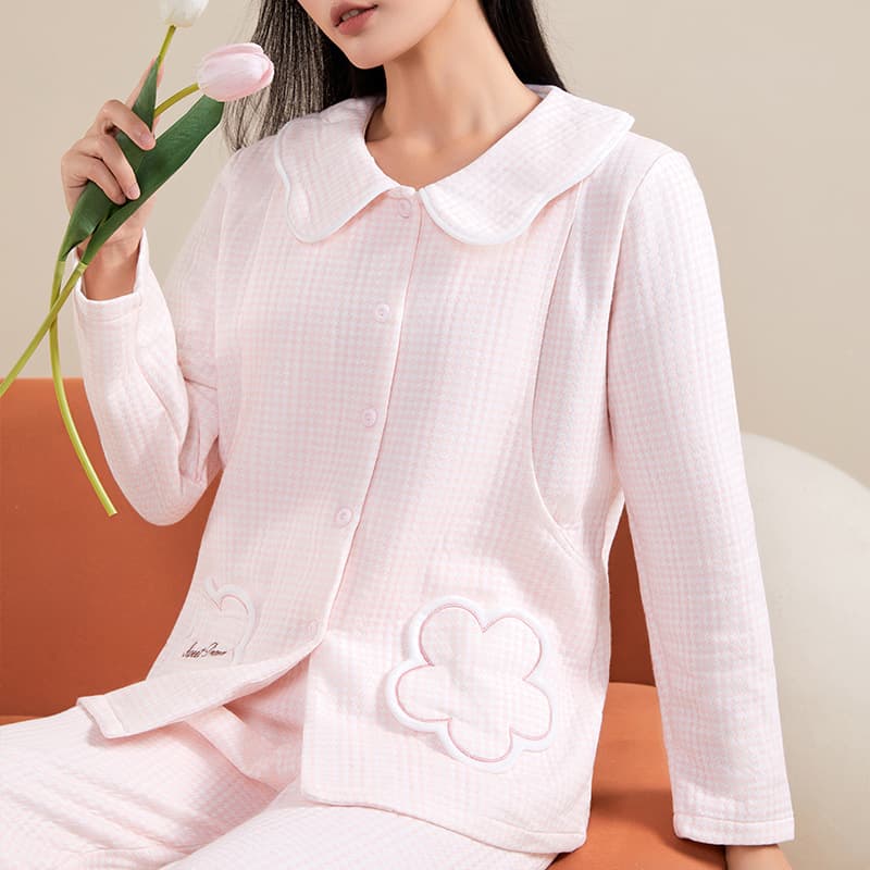 Autumn/Winter Air Cotton Interlayer Maternity Sleepwear Turn-down Collar Nursing Pajamas Homewear Warm Interlayer Set