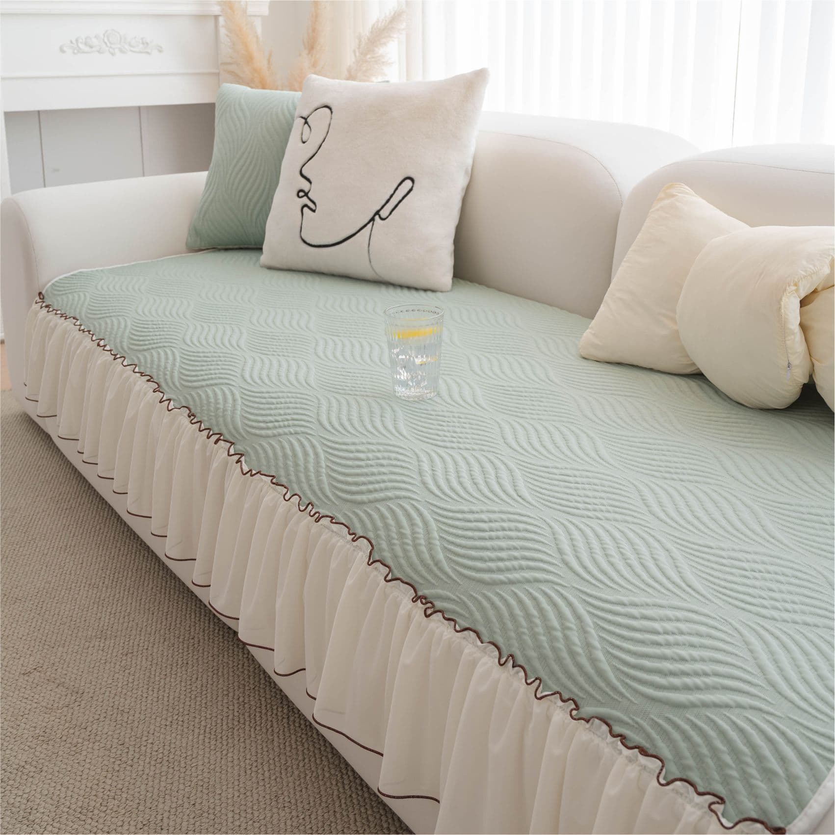 Summer Ice Silk Cooling Sofa Cushion One-Piece Skirt Edge Sofa Mat Washable Anti-Slip Sofa Cover Pad