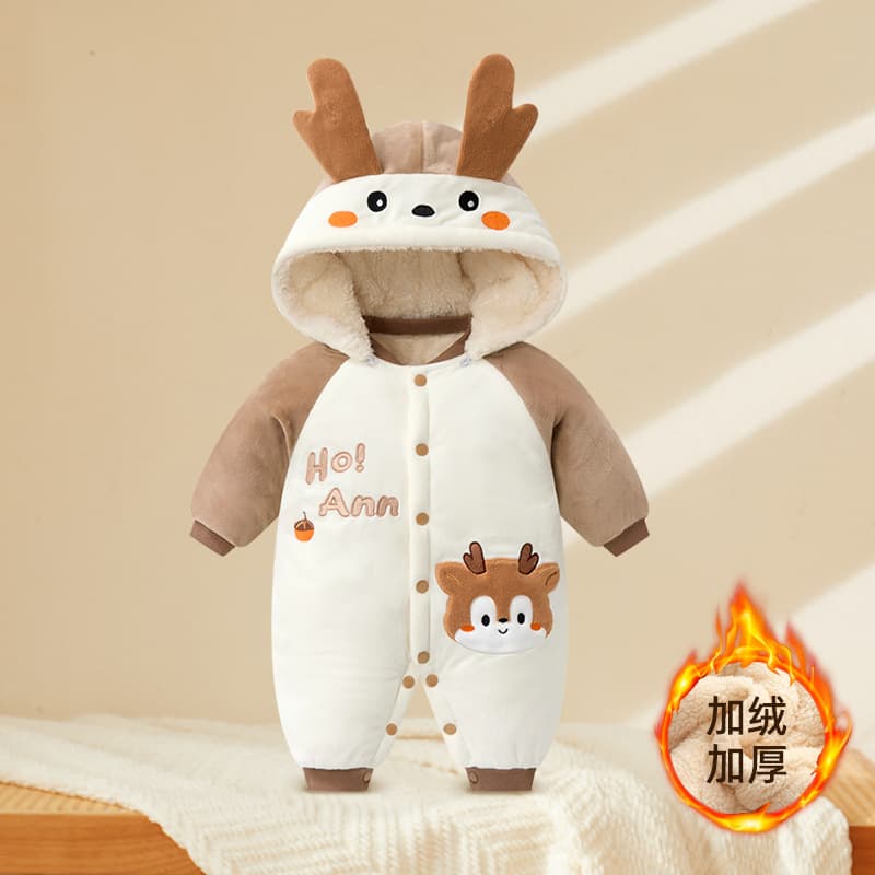 Thickened Fleece-Lined Baby Jumpsuit Winter Warm Crawling Clothes Boys Infant Sleepwear Women's Baby Hooded Clothes