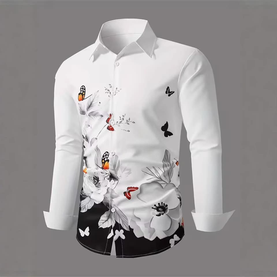 2025 Men's 3D Butterfly Print Turn-Down Collar Shirt Slim Fit Button Party Formal Sport Casual Long Sleeve Top