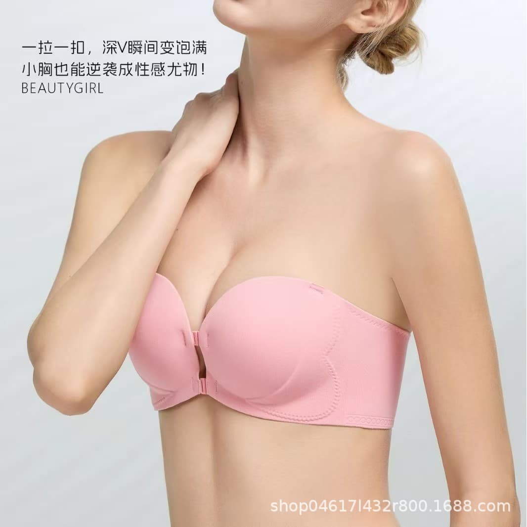 Strapless Front-Clasp Anti-Slip Bra for Women, Small Chest Push-Up, Thickened, Wrap-Around, Backless, Half-Cup, Sexy Bra
