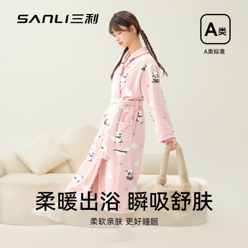 Sanli Towel New Printed Panda Bathrobe Adult Couple Cartoon Sleep Robe Coral Fleece Bathrobe Home Wear