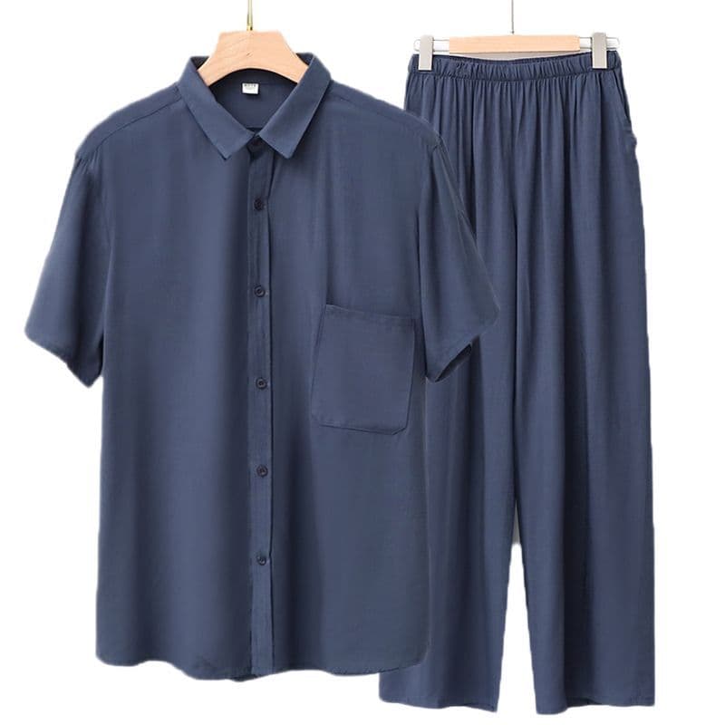 Cotton Silk Short Sleeve Turn-down Collar Cardigan for Middle-aged and Elderly Men, Summer Thin Shirt, Rayon Home Wear, Long Pants Two-piece Set
