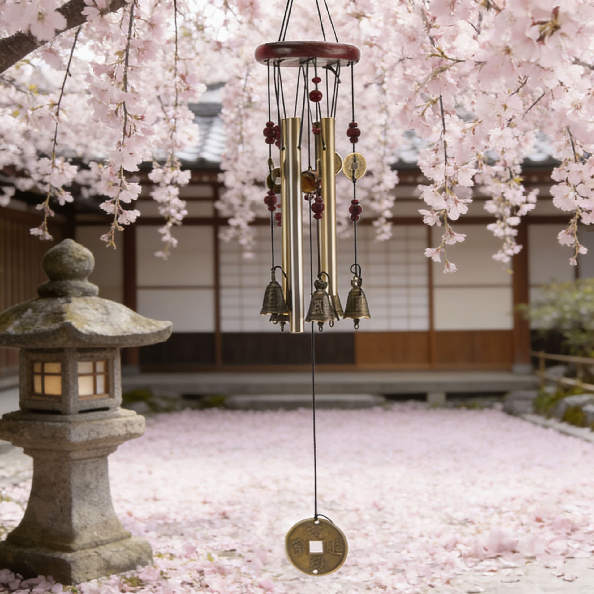 Cross-border Hot Selling 4-Tube Solid Wood Metal Antique Copper Fortune Wind Chime Home Decoration Courtyard Outdoor Decor