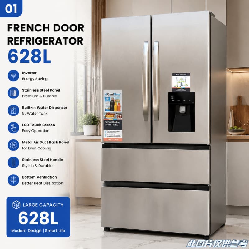 French 4-Door Large Refrigerator for Home Use, Air-Cooled, Frost-Free, Inverter, Silent, Large-Capacity Refrigerator for Export