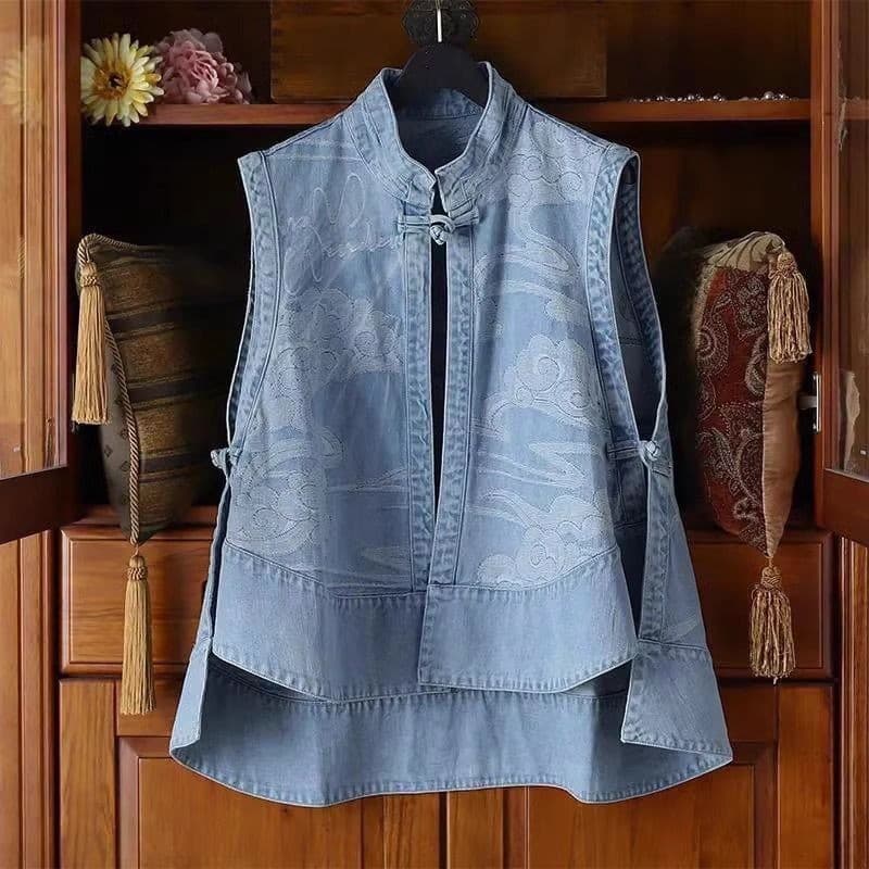 New Ethnic Chinese-style Button Denim Vest Outerwear Plus Size Cheongsam Top Sleeveless Cardigan Jacket for Women