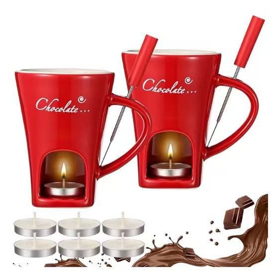 Chocolate Fondue Mug with Fork and Candle, Sweet Ceramic Fondue Cup, Melting Cup, Couple's Cup, Ideal Gift
