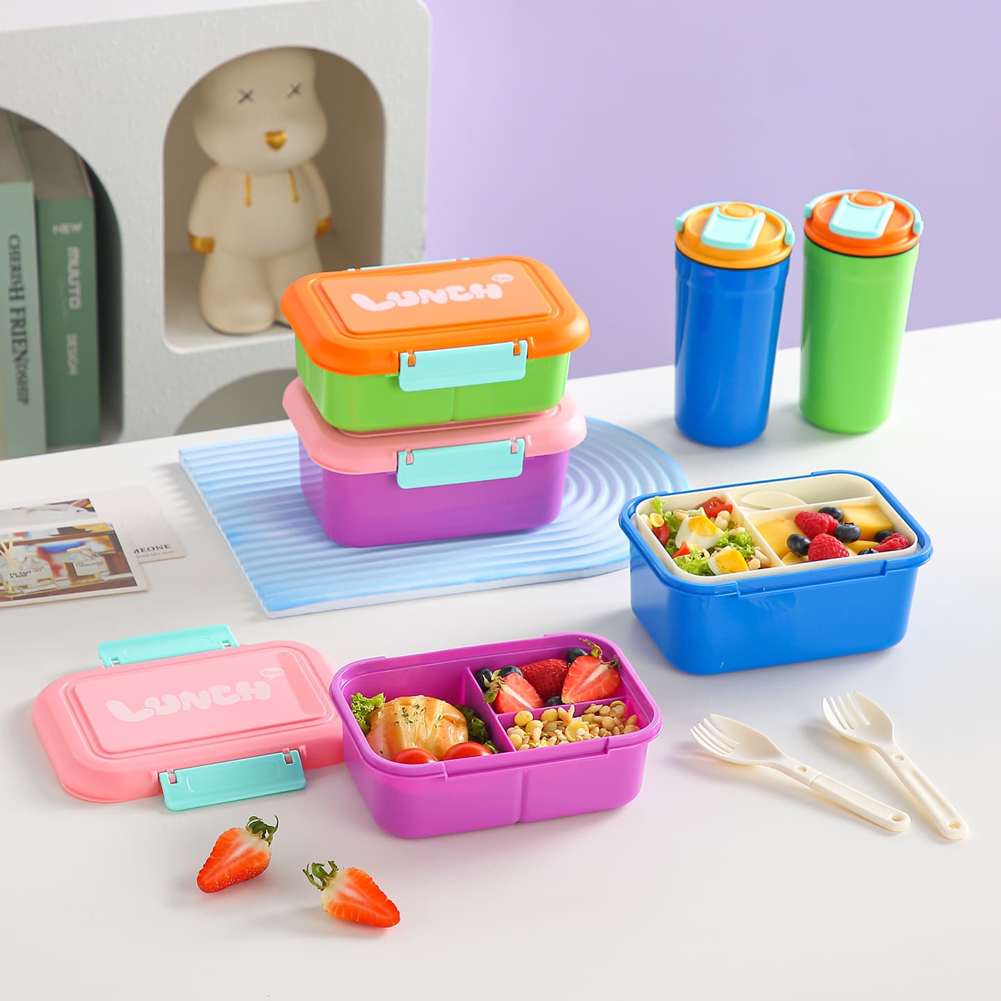 Student rectangular plastic PP divided lunch box office worker lunch box portable salad lunch box water cup set