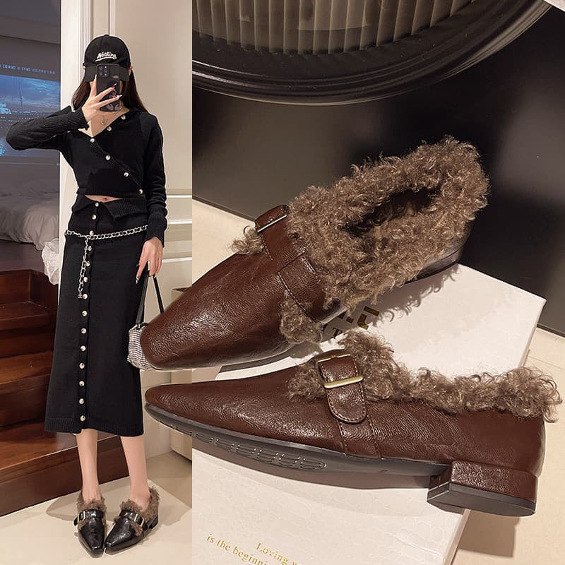 Mary Jane Women's Shoes 2025 Autumn/Winter New Style Chunky Heel Leather Buckle Fur Shoes to Match Skirts Elegant Slip-on Leather Shoes
