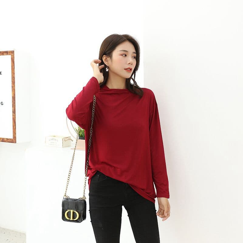 2021 Spring/Fall New Half-High Collar Long-Sleeve T-Shirt for Women Korean Style Plus Size Loose Casual Undershirt Sun Protection Top for Curvy Women