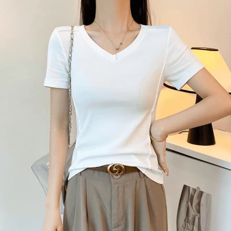 Trendy Solid V-Neck Square Shoulder Corset Short Sleeve T-Shirt for Women Summer New Basic Tee