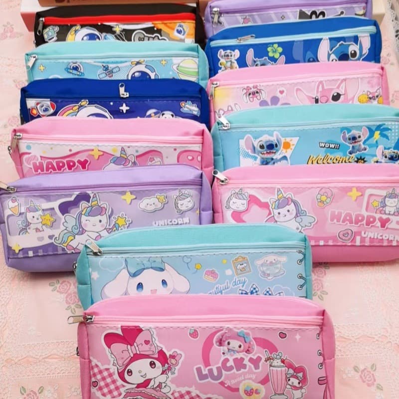 New Cartoon Double-Layer Large-Capacity Pencil Bag Cute Stitch Astronaut Student Zipper Stationery Box Pencil Bag