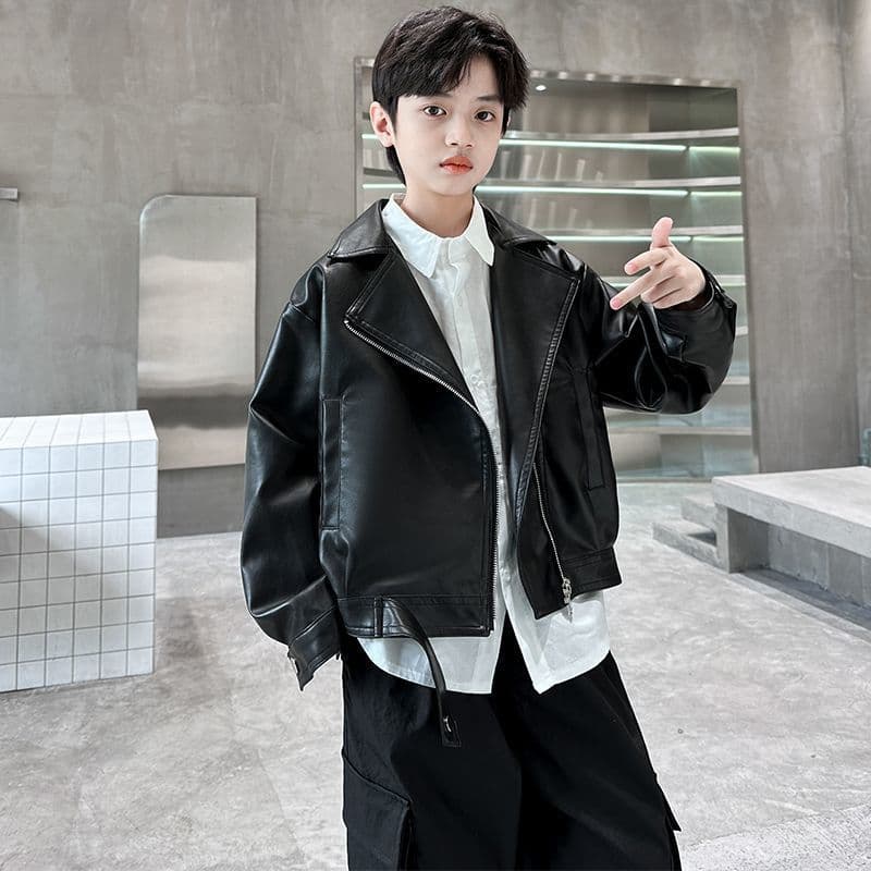 Boys' Streetwear Cool Jacket 2025 Children's Spring/Autumn PU Leather Jacket with Fleece Lining for Boys Age 12