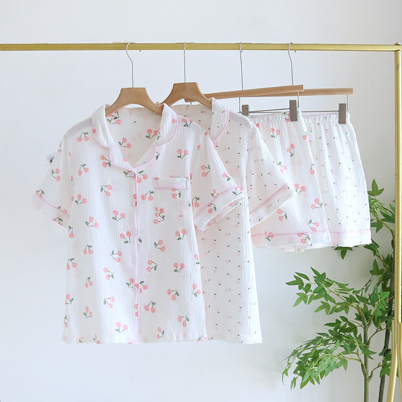 Women's Summer Cotton Gauze Thin Loose Short Sleeve Short Pajama Set with Cardigan