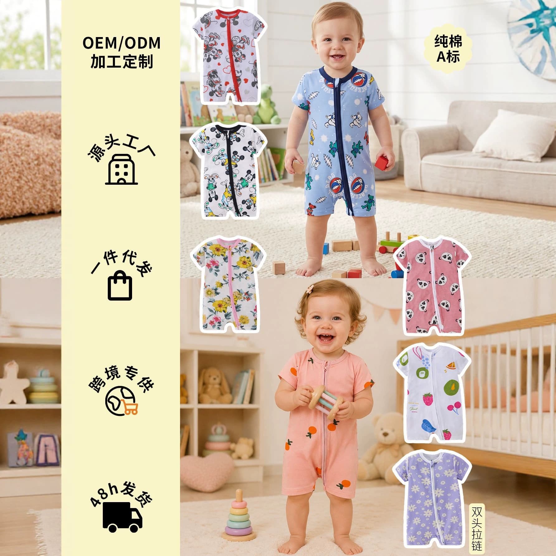 Cross-Border Baby Clothes Summer Thin 100% Cotton Class A Double Zipper Baby Clothes, Short Sleeve Flat Angle Baby Onesie