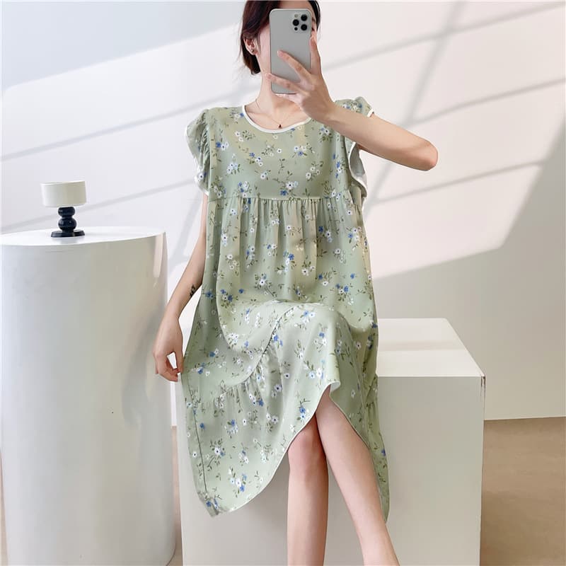 New Cotton Silk Nightgown for Women, Spring/Autumn/Summer Thin Sleepwear, Sweet and Cute Short Sleeve, Rayon Cotton Home Dress