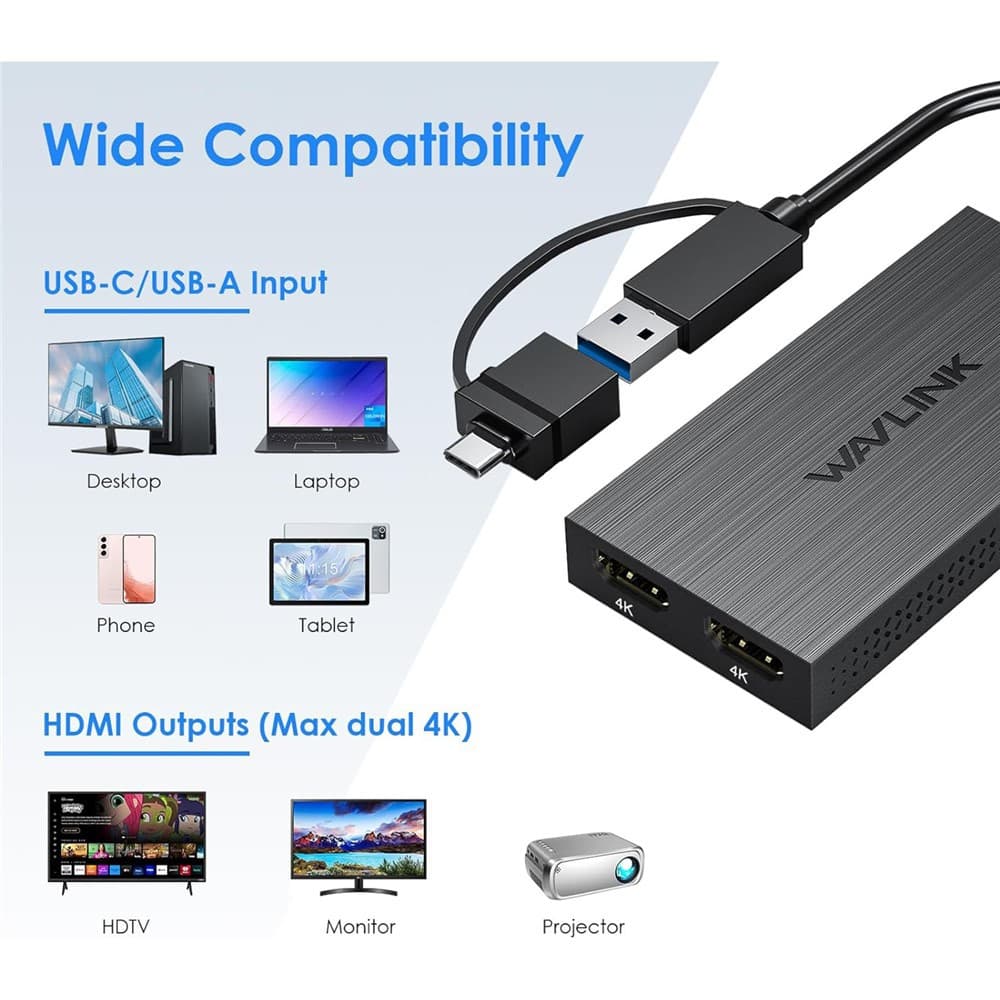 WAVLINK USB 3.0 and USB-C to Dual HDMI Adapter 4K 60Hz Dual Monitor UG6902H