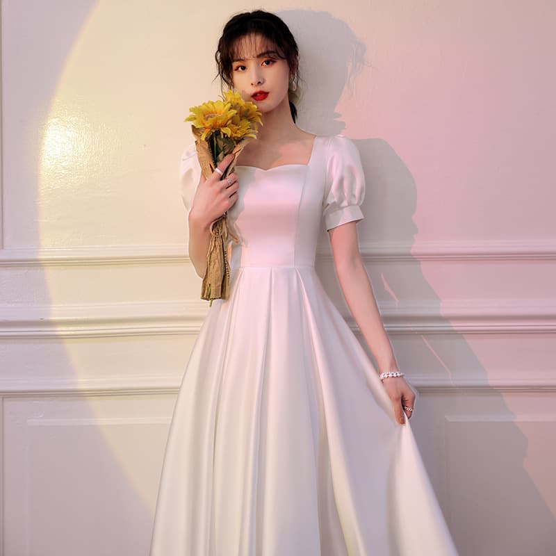 White Mini Dress for Daily Wear, Registration, 2026 Summer Dress, Engagement Satin Design French Style