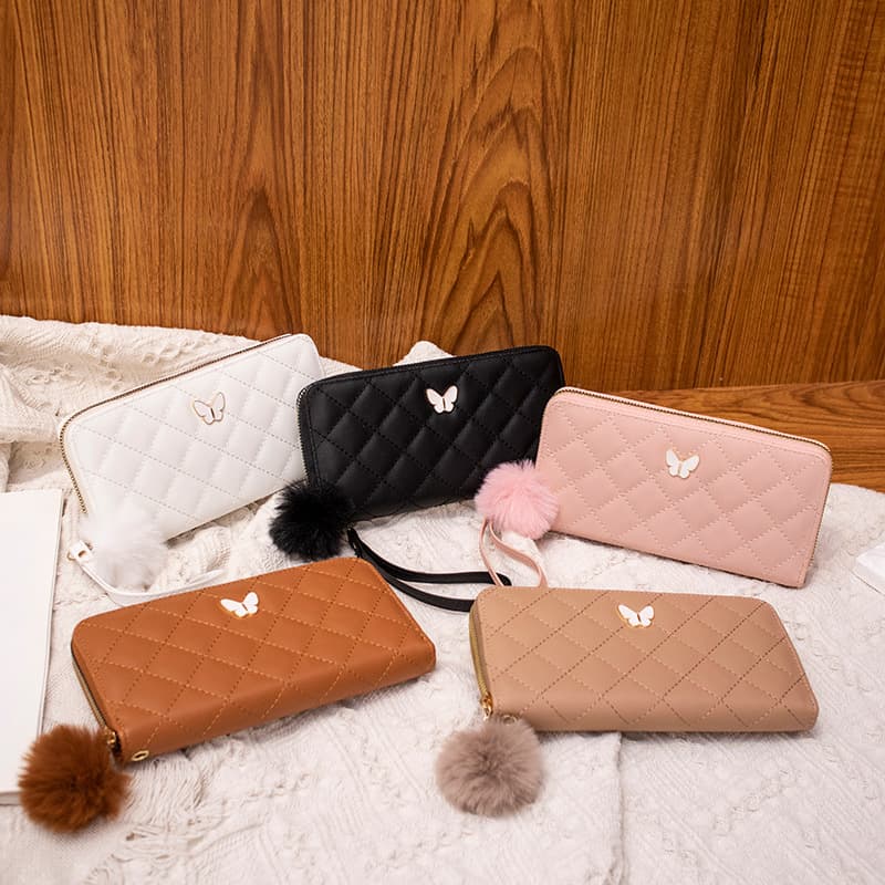 2026 Trendy Fashion Simple and Elegant Rhombus Embroidered Bowknot Pom-Pom Decoration Multi-Card Slot Coin Purse Clutch Bag
