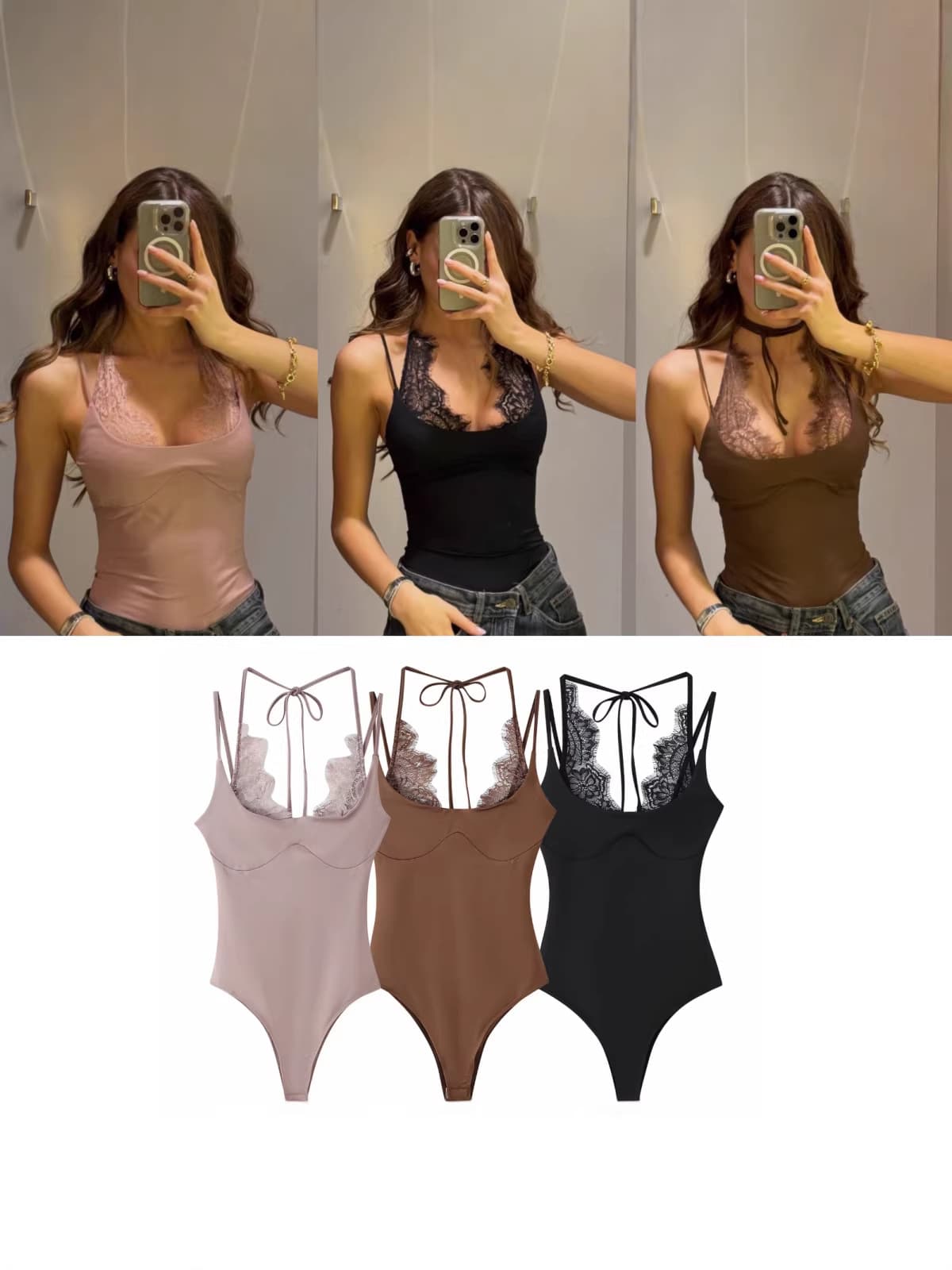 ZA Cross-border Hot Seller 2026 Spring New European and American Sexy Lace Patch Halter Neck Slim Bodysuit