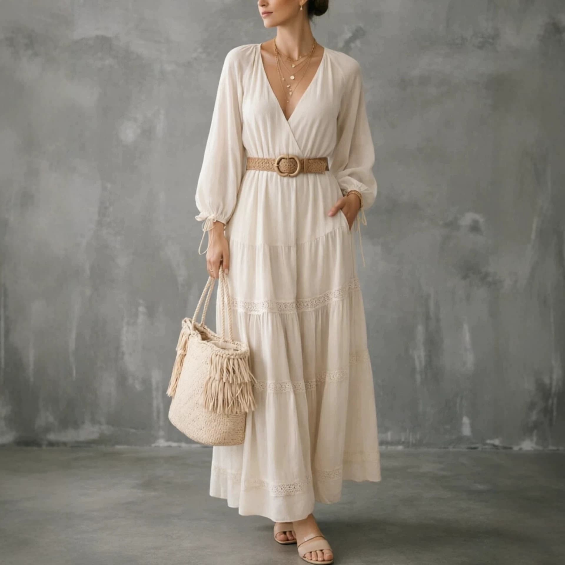 2026 European and American cross-border new V-neck lace patchwork waist long-sleeved dress with elegant temperament and slimming long skirt