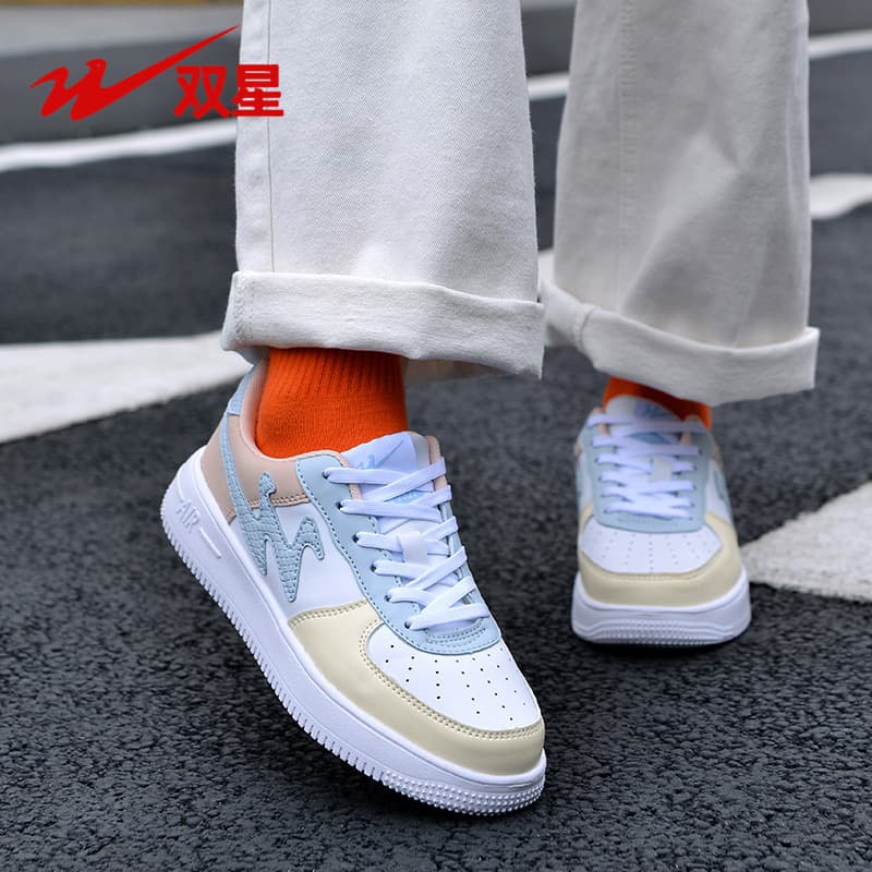 Double Star Skateboard Shoes Women's 2026 Spring New Women's Shoes Leather Anti-Slip White Shoes Couple Air Force Skateboard Shoes Men