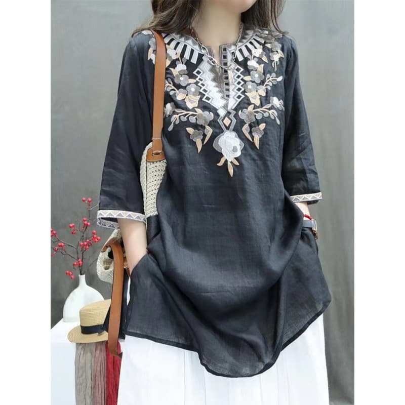 Cotton Linen Embroidered Women's 2025 Spring Summer Autumn New Chinese Style Retro Three-Quarter Sleeve Thin Top T